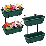 Deck Railing Planter Boxes 2 Tier Green Outdoor Hanging Planters Set of 2 with 4 Pack Flower Boxes 16.9 Inch Window Boxes Planters with Adjustable Brackets Balcony Planters for Garden Porch Patio