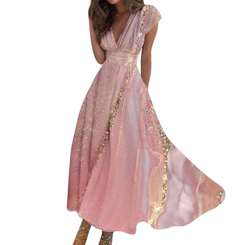 Maxikleid Damen Sommer Elegant Sommerkleid Lang A Linie Damenkleider mit Ärmel Kleid Frauen V Ausschnitt Hohe Taille Kleider Tailliert Sommerkleider...