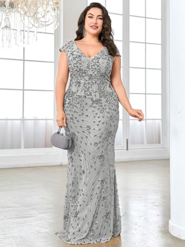 Image of Plus Size Womens Sequined Long Evening Gown Glamous Sleeveless V-Neck Mermaid Prom Dress for Wedding Party
