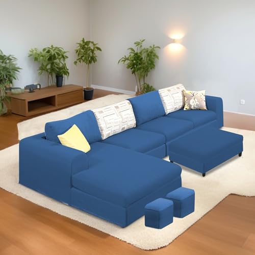 Image of Koza LHS 8 Seater L Shape Sofa Set with Center Table for Living Room (Blue Fabric) Premium Fabric Sofa
