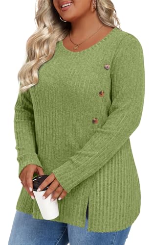 Image of HOTGIFT Womens Plus Size Sweater Tops Long Sleeve Crewneck Casual Tunic Shirts Buttons XL-5XL Blouse Soft Comfy Fashion