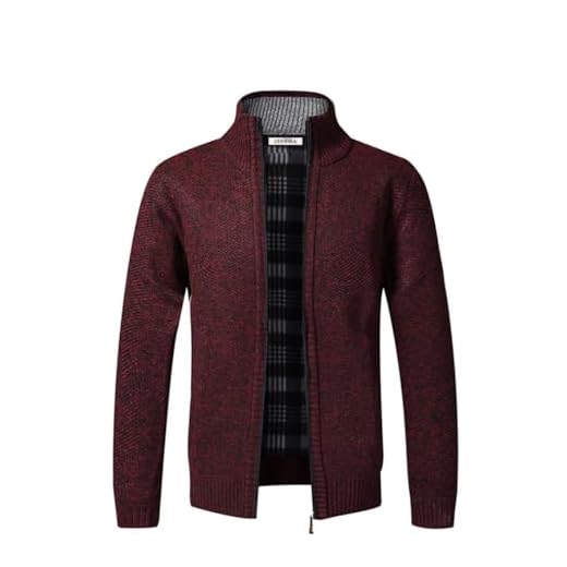 Stickad cardigan för män tjock tröja full dragkedja stående krage varm jumper fleecefodrad vinterrock, Vinrött, XXL