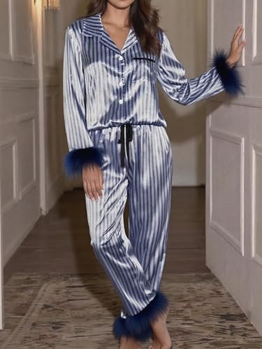 Image of Women Silk Pajamas Set Satin Long Sleeve Feather Trim 2PCS Loungwear | Christmas Button Down Shirts Long Pants 2PCS Xmas Christmas Sleepwear