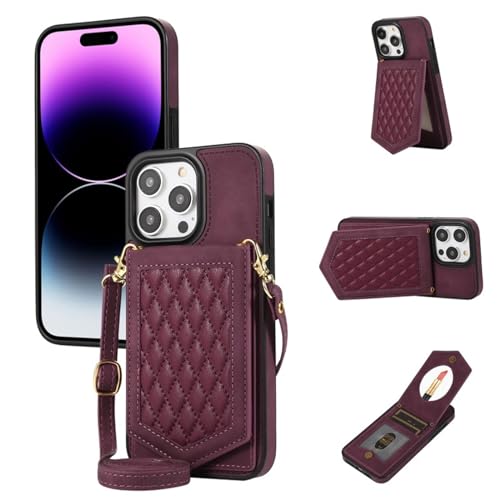Étui portefeuille iPhone 15 Pro Max en cuir violet avec porte-cartes RFID et bandoulière