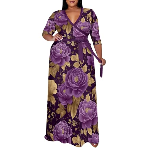 Image of SUZONANA Plus Size Maxi Dresses for Curcy Women Casual Loose 3 /4 Sleeve Long Dress with Belt