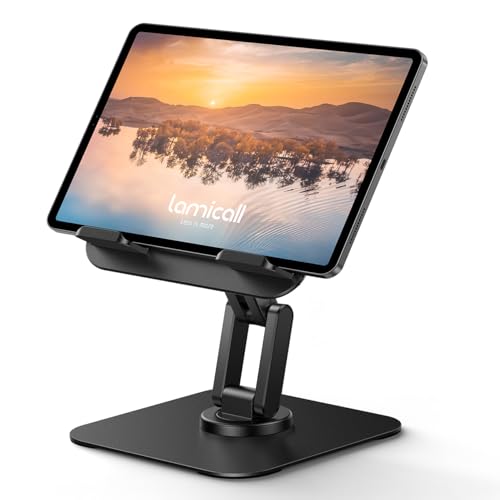 Lamicall Rotating Tablet Stand for Desk - [Fully Adjustable][Foldable & Portable] iPad Stand with Heavy-Duty Base, Tablet Holder for 4.7-13" Devices, 2025 iPad Pro Air Mini, Kindle, iPhone 17 Pro Max
