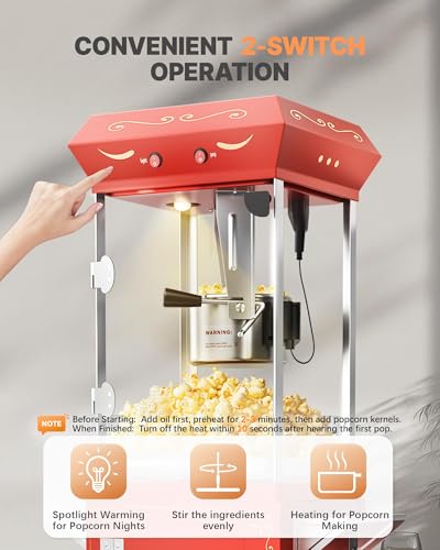 Image of 8 oz Popcorn Machine Cart, Pop corn Maker Machine Makes Up to 32 Cups, Movie Theater Pop corn Machine with Stainless-Steel Kettle&Heated Warming Deck, Red