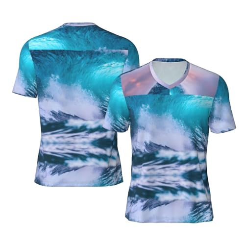 Blue Ocean Wave Men's Team Sports Apparel Football Jersey V-Neck Short Sleeve Loose Fit Athletic Jersey