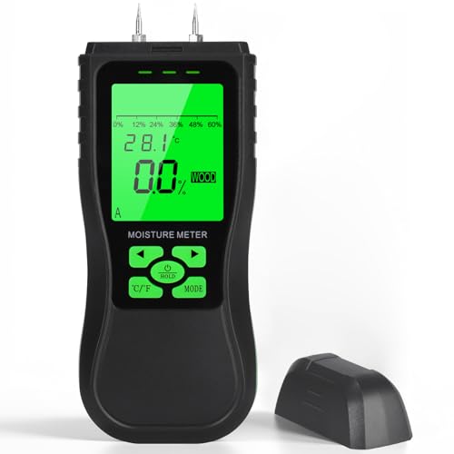 Wood Moisture Meter, Firewood Moisture Tester Drywall Moisture Detector with LCD Display Temperature Humidity Readings for Wood Walls Firewood Brick Lumber Floor Woodworking Building Projects