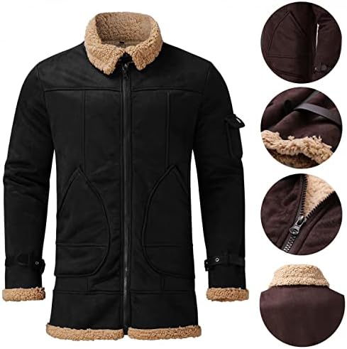 Winter Sherpa Lined Motorcycle Jacket,Thicken Faux-Fur Suede Sheepskin Cashmere Lapel Collar Long Sleeve Padded Cardigan Coat Heavyweight Solid Leather Belt Turn-Down Collar Parka Jacket