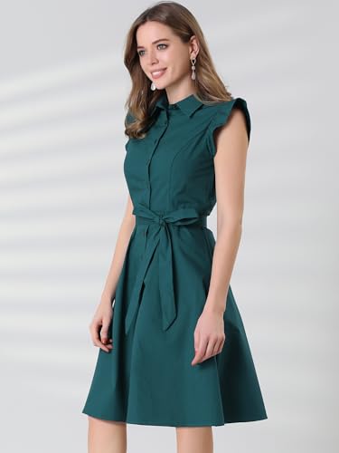 Image of Allegra K Women's Ruffled Sleeve Casual Office Dress Tie Waist Button Down Cotton Shirt Dresses