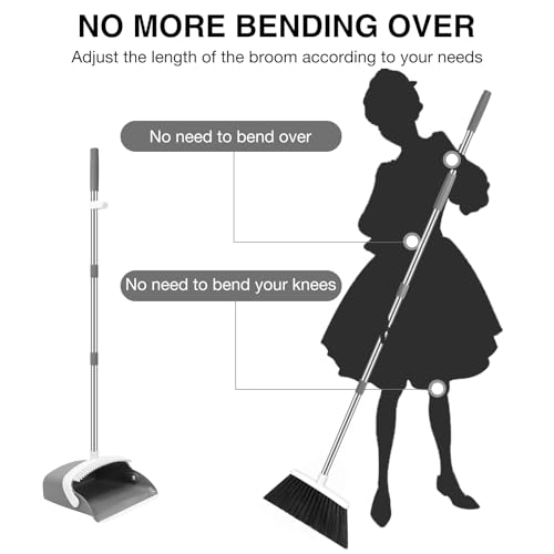 Image of NACENA Broom and Dustpan Set, 52-in Long Adjustable Handle Broom Dustpan Combo with Dustpan Teeth to Automatically Clean Hair Suitable for Home Kitchen Office Hall Floor(Grey&White)