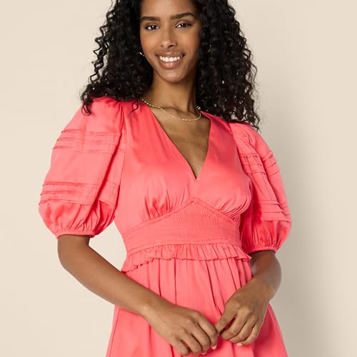 Image of Amazon Essentials Women's Regular-Fit Cotton Sateen Puff Sleeve Midi Dress, V-Neck