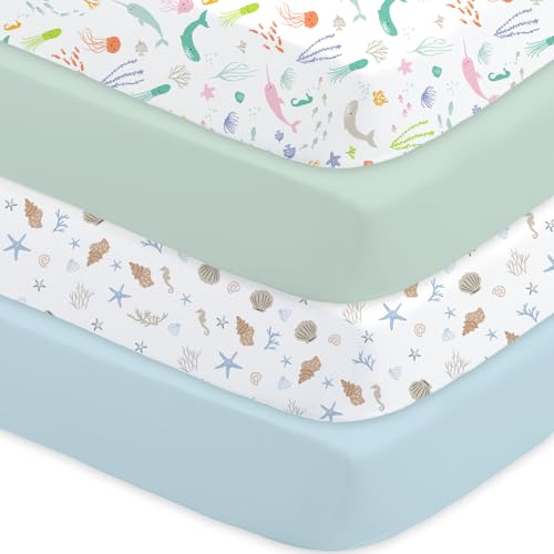 Image of Little Grape Land Crib Sheets 4 Pack, Microfiber Fitted Crib Sheet for Standard Crib Mattress 52 inchx28 inchx8 inch, Soft and Neutral Baby Crib Sheets for Boys and Girls, Breathable & Easy Care, Sea Breeze