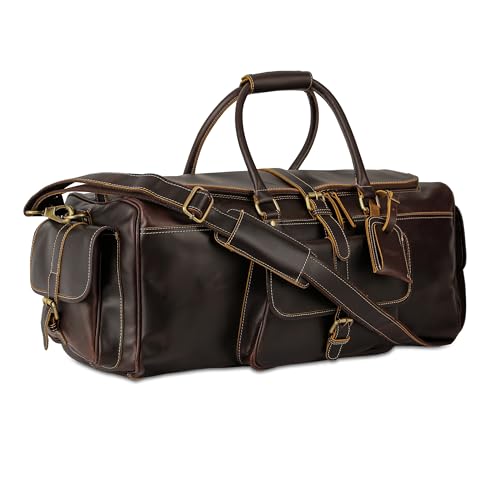 Genuine Leather Duffle Bag for Men & Women – 21 Inch Travel Weekender Overnight Bag with U-Zip Closure, Trolley Sleeve, Adjustable Strap & Multiple Pockets