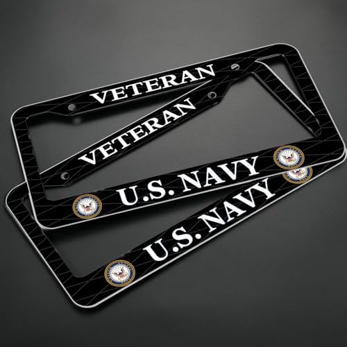 Image of 2PCS License Plate Frames for Veteran U.S.Navy,Car License Plate Bracket Holder, Premium Aluminum Alloy Weather Proof License Plate Covers with Screw Caps Cover Set Car Accessories