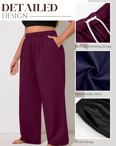 3 Pack Women's Plus Size Sweatpants with Pockets, Comfy Wide Leg Lounge Pants, Baggy Workout Pajama Trouser4