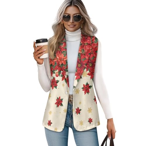 Hdjxbdhsv Christmas Long Vest for Women Red Poinsettia Flower Christmas Fashion Business Casual Sleeveless Open Front Blazers Suit Vests Top for Work Office