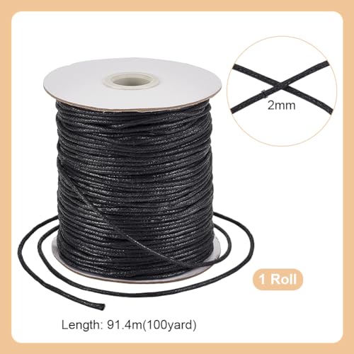 PH PandaHall 2mm Black Waxed Cord for Jewelry Making, 100 Yards Waxed Cotton Cord Thread Beading Cord String for Bracelet Necklace Waist Chain Anklet Macrame Supplies
