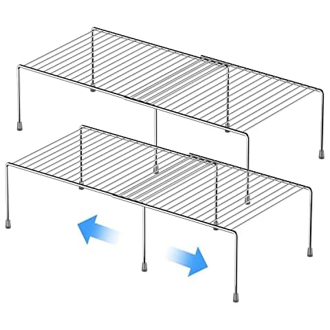 GEDLIRE Kitchen Cabinet Expandable Shelf Organizers Set of 2, Adjustable Metal Wire Pantry Storage Shelves, Plate Dish Organizer Rack for Cabinets, Cupboard, Counter, Freezer, Countertop, Chrome Cover