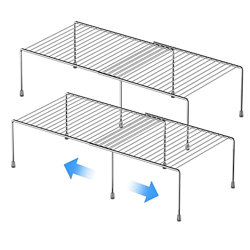 GEDLIRE Kitchen Cabinet Expandable Shelf Organizers Set of 2, Adjustable Metal Wire Pantry Storage Shelves, Plate Dish Organizer Rack for Cabinets, Cupboard, Counter, Freezer, Countertop, Chrome