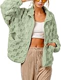 Yidarer Womens Winter Checkerboard Sherpa Fleece Jacket Plaid Fuzzy Button Oversized Outerwear with Pockets(LightGreen-L)