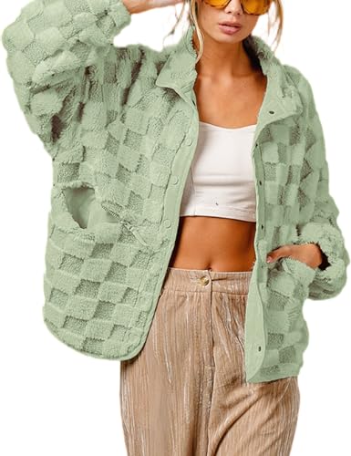 Yidarer Womens Winter Checkerboard Sherpa Fleece Jacket Plaid Fuzzy Button Oversized Outerwear with Pockets