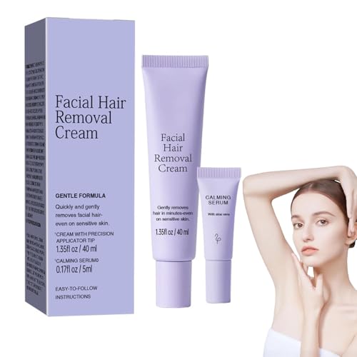 Facial Hair Removal Cream, Depilatory Cream & Calming Serum, Gentle Formula, Painless Hair Removal Kit for Women with Sensitive Skin