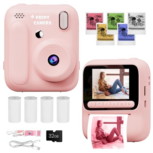 Poat Camera for Kids Instant Print 2.4 Inch Screen 1080P HD Color Print & Digital Camera with 4 Color Paper Rolls 32GB Card Portable Toy & Gift for Girls Boys Age 3-12