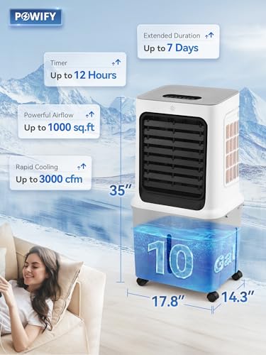 image for POWIFY 10.6 Gal Evaporative Air Cooler, 3000 CFM Swamp Cooler with 4 I