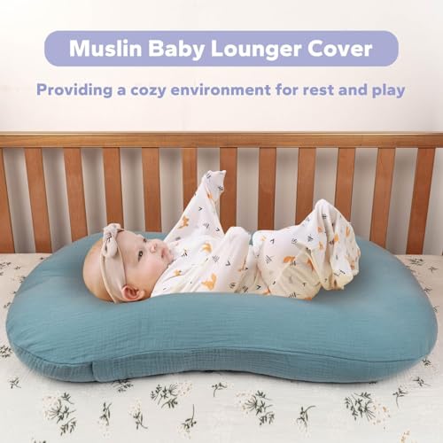 Image of FUNUPUP Muslin Baby Lounger Cover Only, Grey & Blue | 100% Muslin Cotton Soft Breathable Easy On /Off Envelope Closure Machine Washable Easy-Clean Protector Neutral Colors