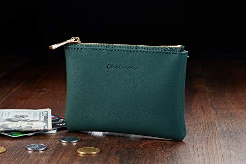 Image of Chelmon Vegan Leather Coin Purse Pouch Change Purse With Zipper For Men Women, Green Coal, Minimalist