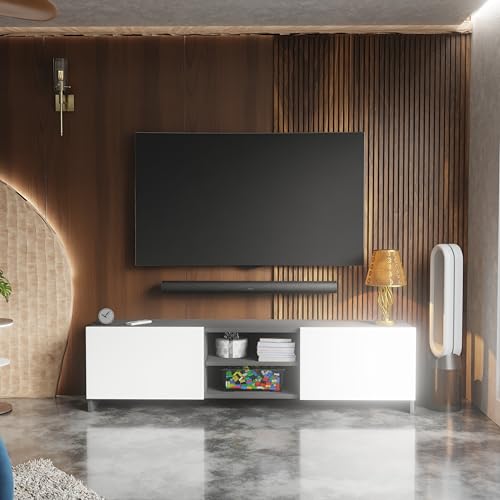 Image of Modern Living Room TV Stand with Open Display Compartment, Dual Side Storage Units, and Clean Contemporary Design for Home Decor | Assembly-DIY | Color-Grey & White