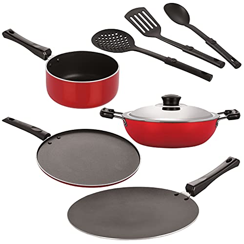 Image of Nirlon Nonstick Coated Aluminium 7 Pcs Set of Concave Tawa-28.5cm,Deep Kadhai-24cm,Sauce Pan-16cm,Smart Tawa-29cm & 3 Spoon (2.6mm CT12 DKD(B) SP(M) ST12 3SPN)