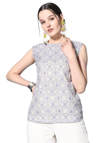 Image of Sleeveless Kurti for Women Pure Cotton Stylish Round Neck Printed Ethnic Short Kurti Jeans Top Casual Office