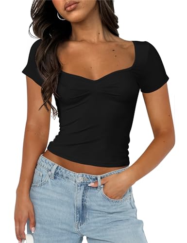 Cioatin Women Cute Sweetheart Neck Short Sleeve Crop Tops Ruched Summer Going Out T Shirt Y2K Clothes Tee Teens