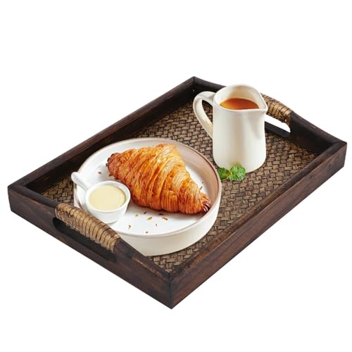 Bandeja de Madera de 9 Pulgadas,Bandeja de Rat¨¢n, Bandejas para Servir Comida con Asas, Bandeja para Desayuno, Bandejas Antideslizantesm, Bandeja de Servicio para Desayuno Bebidas Refrigerios