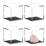 Jetec 4 Pcs Clear Acrylic Boxes for Collectibles Display, 3x3x3 Inches Plastic Clear Small Acrylic Box for Storage, Dustproof Protection Showcase Container with Black Base for Rock Coral Minerals