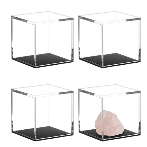 Jetec 4 Pcs Clear Acrylic Boxes for Collectibles Display, 3x3x3 Inches Plastic Clear Small Acrylic Box for Storage, Dustproof Protection Showcase Container with Black Base for Rock Coral Minerals