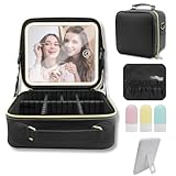 Amlope Kosmetiktasche mit Beleuchtetem Spiegel Einstellbare 3 Farben LED Leuchten Damen Kosmetiktasche mit Henkel Teilbarer Professionelle Make up Organizer Make-up Etui (Schwarz)