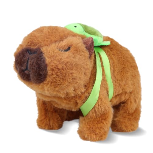 Walking Capybara Plush, Cute Capybara Stuffed Animal Toy with Removable Turtle Backpack, 6.3'' Electric Interactive Animal Pet Toys Hopping Realistic Pet Gifts with Sounds for Toddlers, Brown