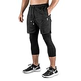 Sixlab Hybrid Shorts + 3/4 Leggings Herren 2 in 1 Set Fitness Gym Running Hose (Schwarz/Schwarz, L)