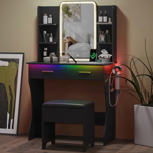 Image of Small Vanity Desk with Mirror and Lights, Makeup Vanity with LED Lights, Black Vanity Mirror with Lighted Desk and Chair, 3 Lighting Adjustable Compact Dressing Table with Mirror for Women, Girls