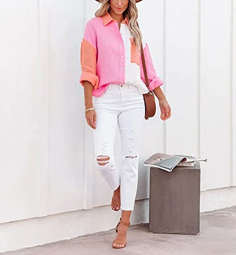 Chouyatou Women's Color Block Long Sleeve Button Down Boyfriend Shirt Blouses (Large, Rose Red) #TOP1