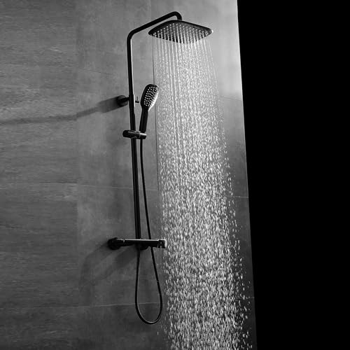 RBROHANT Matte Black Exposed Shower System with Brass Thermostatic Shower Valve, Exposed Shower Faucet Set with Height Adjustable 10 Inch Shower Head and Dual Function Handheld, Wall Mounted, RB0839