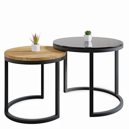 Lumarc Modena, Couchtisch 2er Set aus Massivholz Eiche, Gehärtetem Glas und Stahl, Handgefertigt in Europa, Beistelltisch, Wohnzimmertisch, Coffee Table, Schwarz, Rund, Ø50x43 cm / Ø40x38 cm