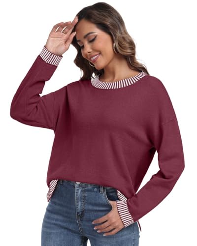 PrinStory Pullover Damen Strickpullover Langarm Rundhals Elegant Lässig Sweatshirt Warm Damen Winter Pullis Strickwaren (Weinrot, S)