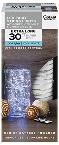 Feit Electric 30ft Indoor LED Fairy String Lights with Silver Wire Light Strand, 20K Life Hours, 1.8W Cool White and AA Battery or USB Powered - â€ŽFY30-100/USB/CW/SLV