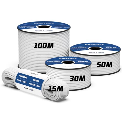 Image of Brotree 550 Paracord 4mm 15m Rope Type III 7 Strands 100% Polyester Parachute Cord for Crafting, Camping, Outdoor, Survival - White
