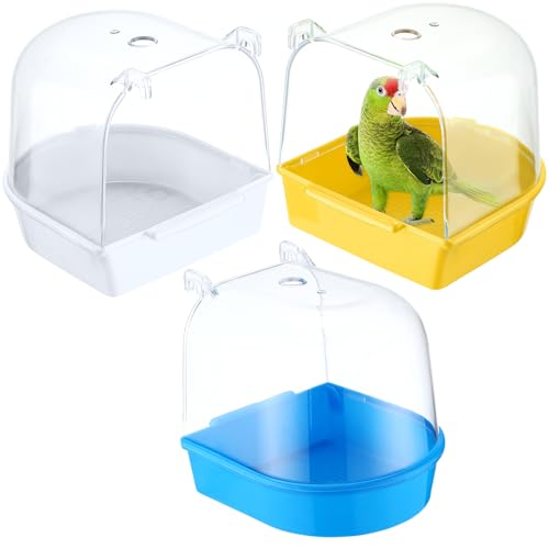Image of Honeydak 3 Pieces Clear Bird Bath for Cage Parakeet Bird Cage Accessories Hanging Bath Box Parrot Bathing Tub with View for Cockatiel Conure Canary Budgies Parrots(Vivid Color)